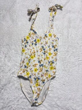 Old Navy White Floral Tie Strap Bodysuit with Yellow and Blue Floral Print